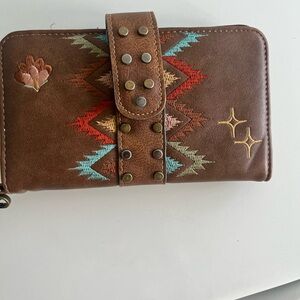 Embroidered Brown Leather Wallet Clutch with Studded Strap